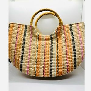 JustFab Wicker Circle Bag with Cane Handle and Boho Colors